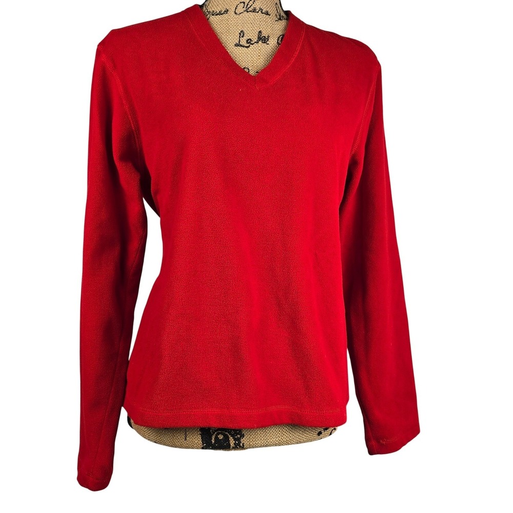 Tommy Hilfiger‎ Womens Red Fleece V-Neck Pullover Long Sleeve Top Size Large